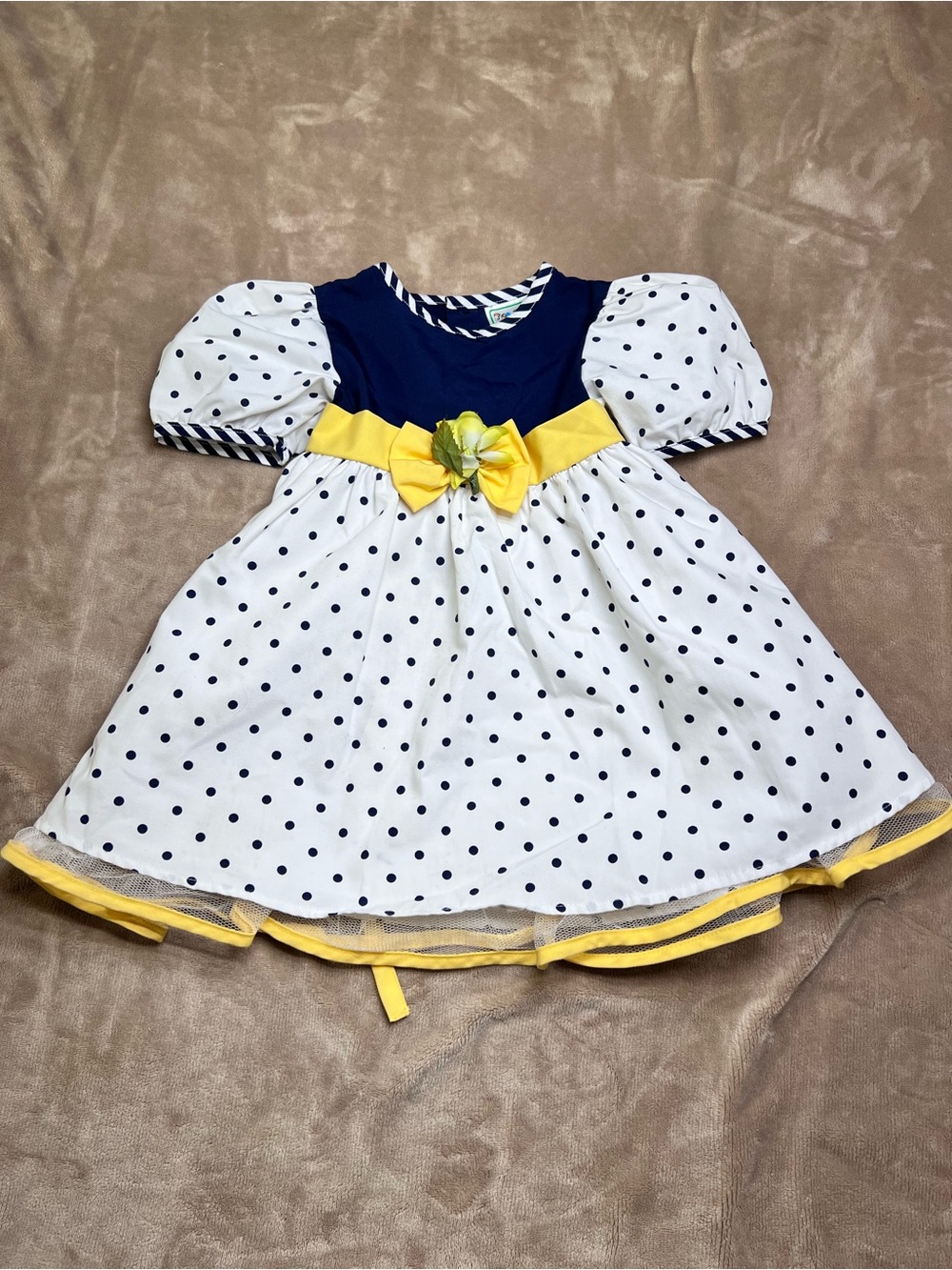 JOJOE Vintage Nautical Blue, Yellow, White Polka Dot Puff Sleeve Dress - Sz 3